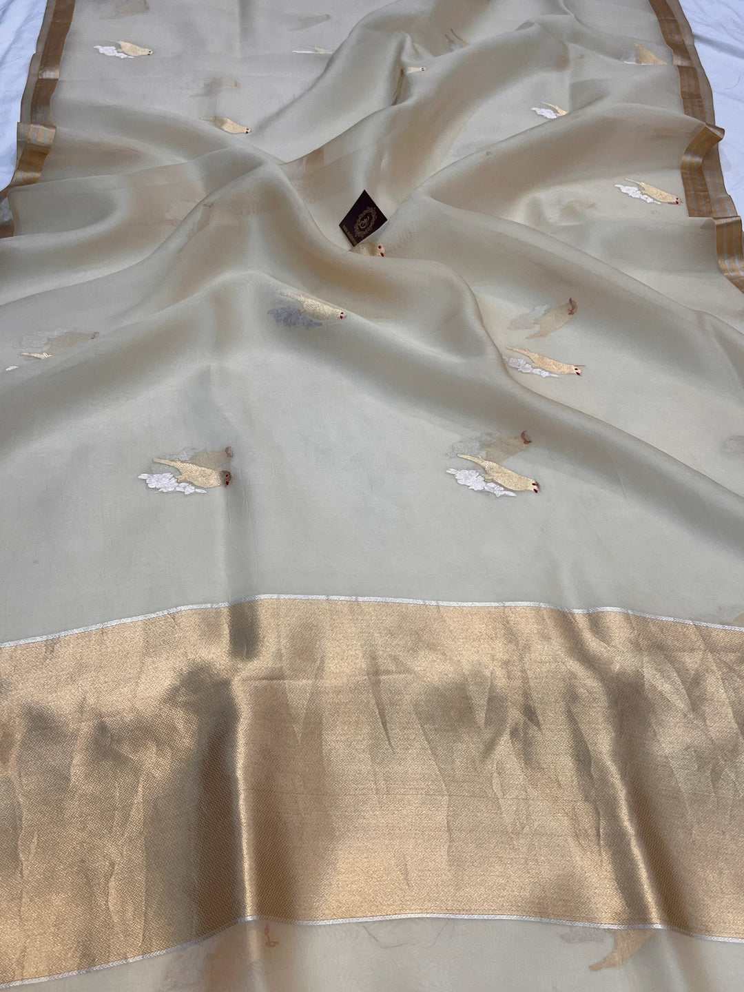 Cream Pure Kora Silk Handloom Banarasi Saree