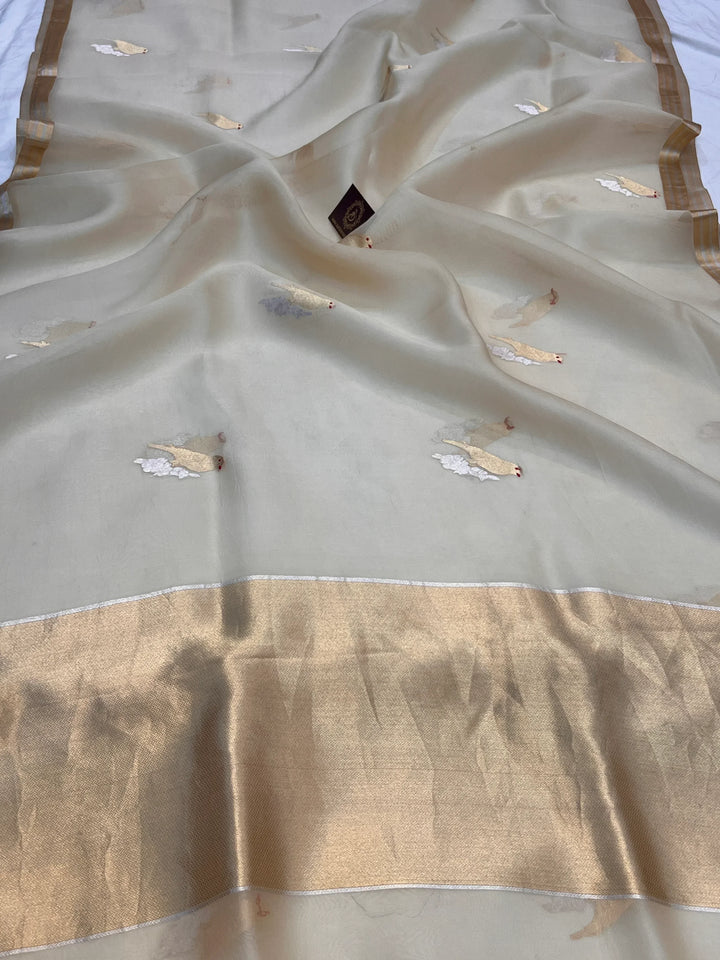 Cream Pure Kora Silk Handloom Banarasi Saree