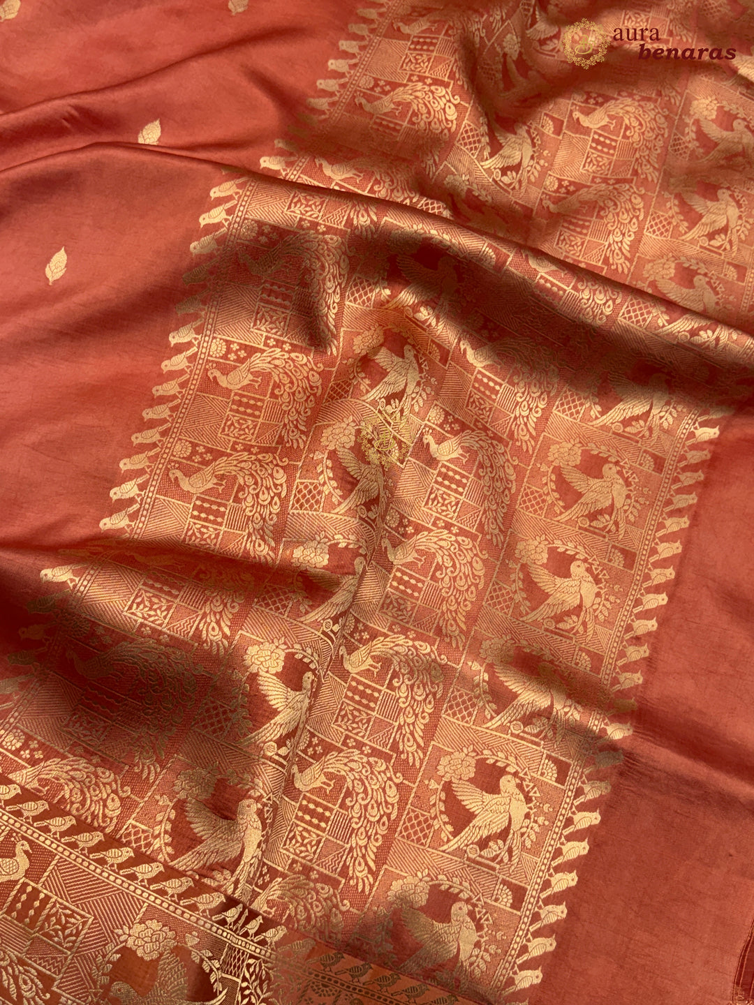 Coral Peach Pure Katan Silk Banarasi Saree with Kadhwa Peacock & Bird Motifs