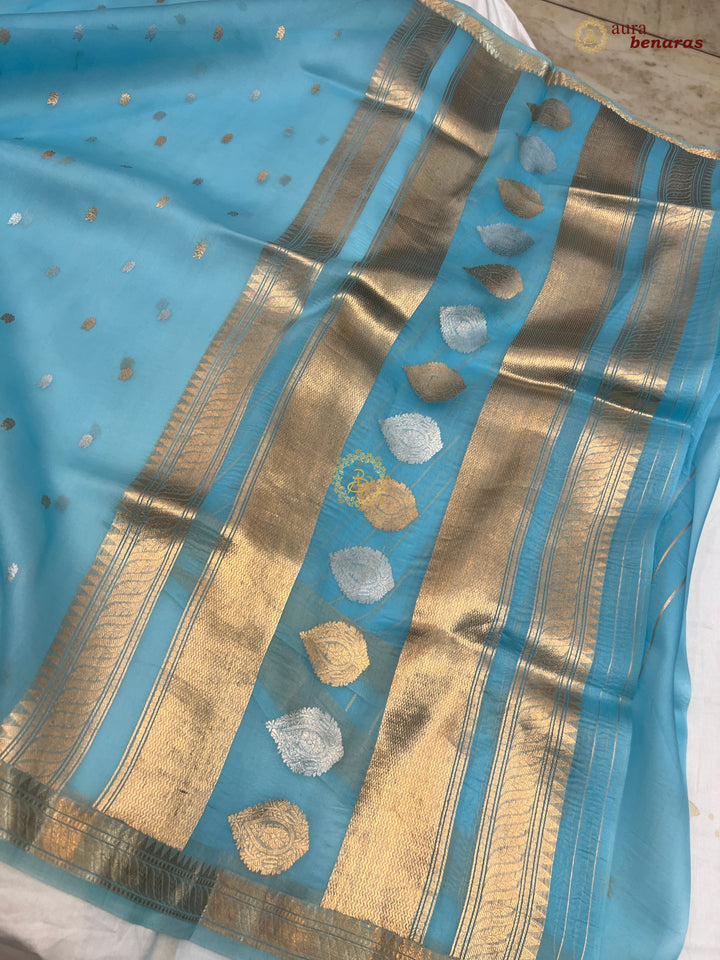 Pure Sky Blue Kora Silk Banarasi Saree with Kadhwa Flower Butas