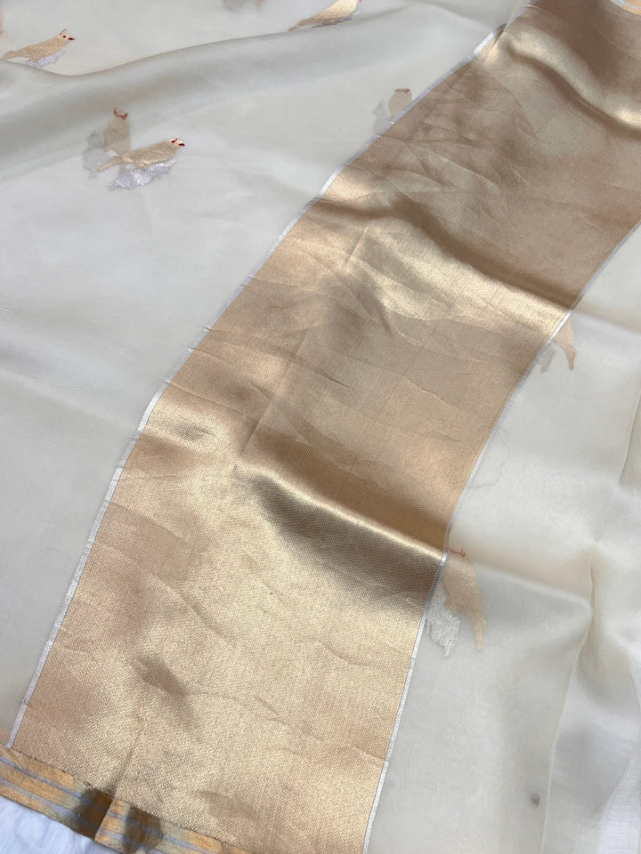 Cream Pure Kora Silk Handloom Banarasi Saree