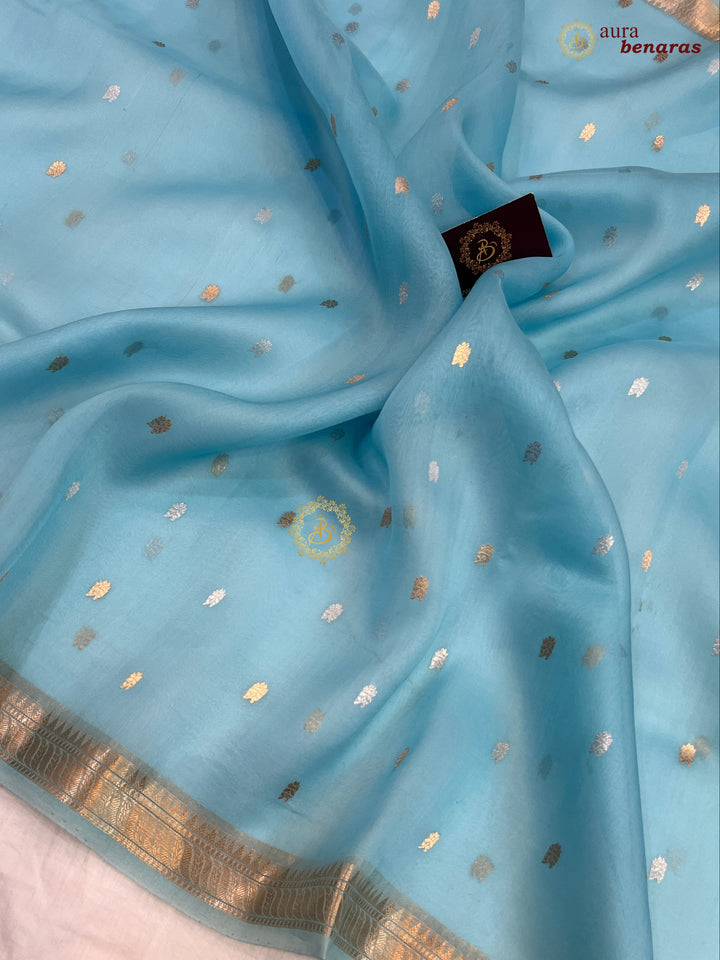 Pure Sky Blue Kora Silk Banarasi Saree with Kadhwa Flower Butas