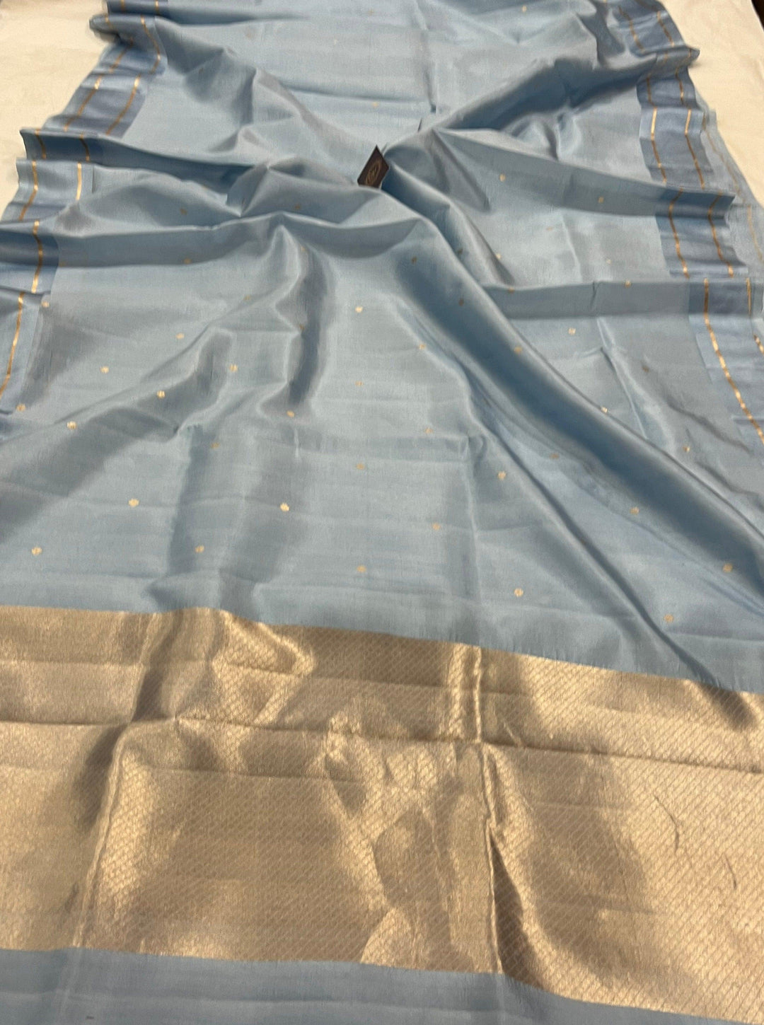 Pale Blue Pure Banarasi Handloom Silk Saree - Aura Benaras