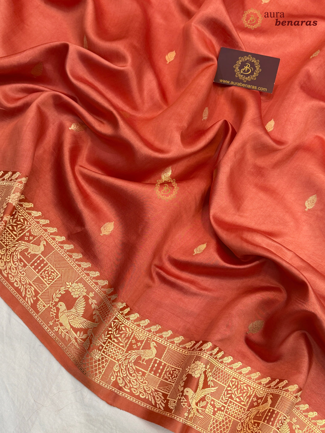 Coral Peach Pure Katan Silk Banarasi Saree with Kadhwa Peacock & Bird Motifs
