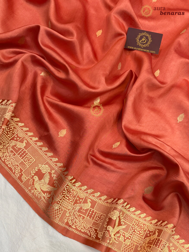 Coral Peach Pure Katan Silk Banarasi Saree with Kadhwa Peacock & Bird Motifs