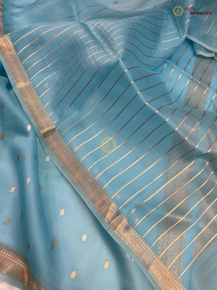 Pure Sky Blue Kora Silk Banarasi Saree with Kadhwa Flower Butas