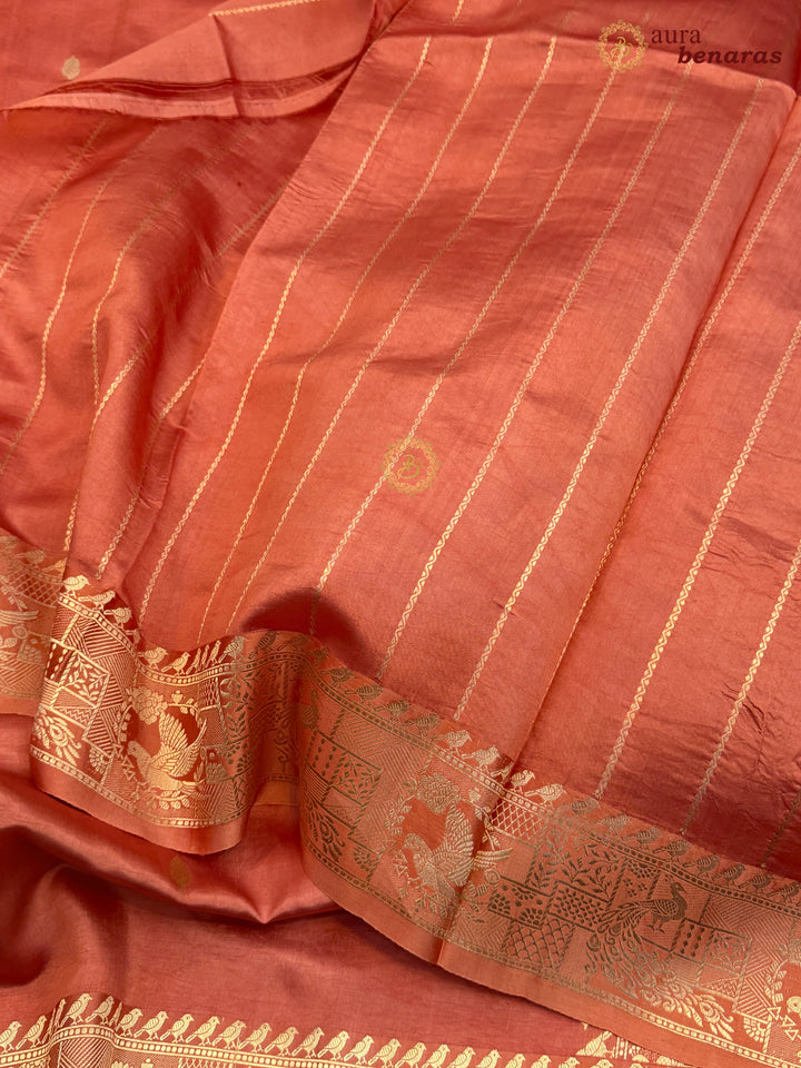 Coral Peach Pure Katan Silk Banarasi Saree with Kadhwa Peacock & Bird Motifs