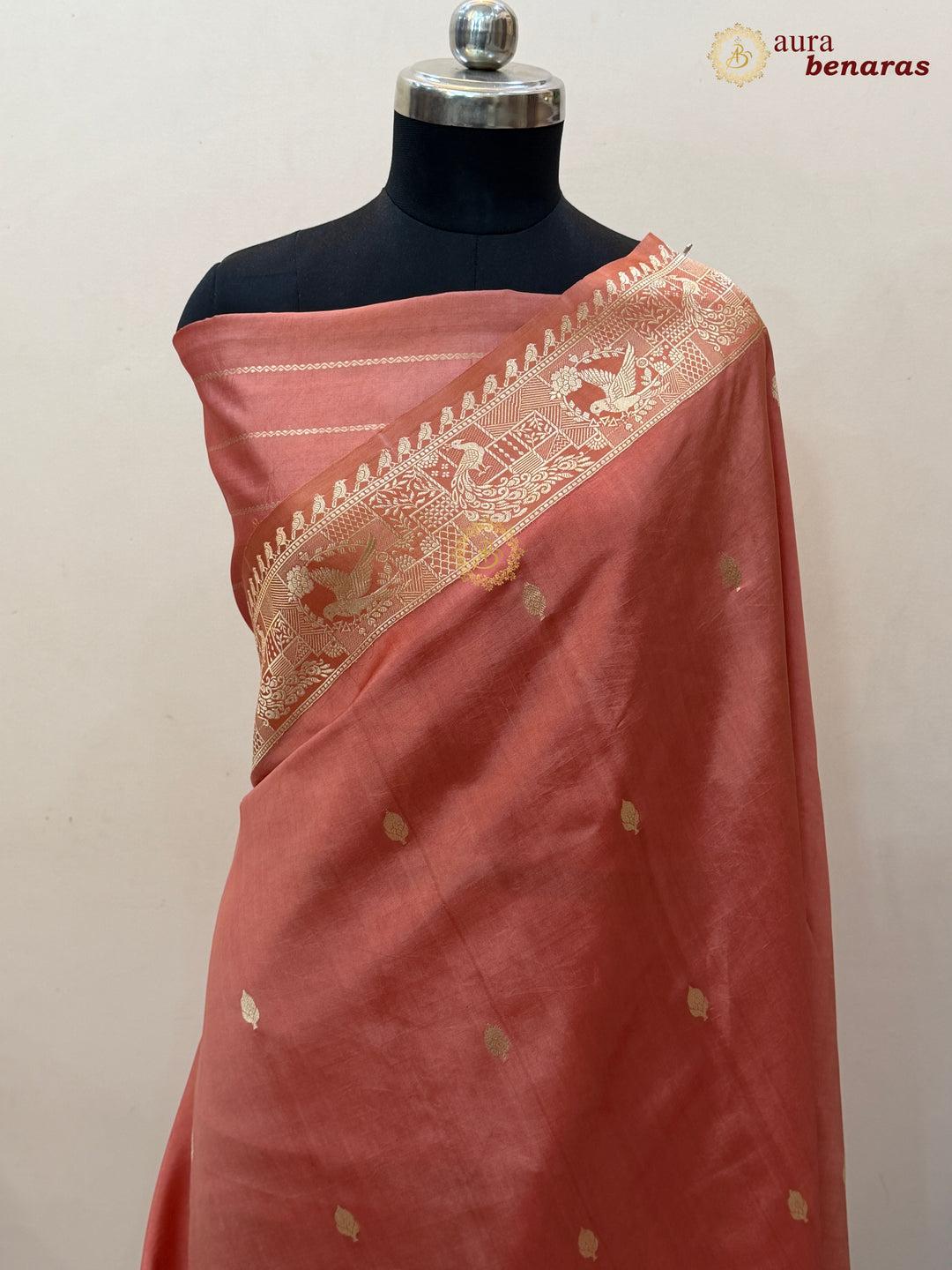 Coral Peach Pure Katan Silk Banarasi Saree with Kadhwa Peacock & Bird Motifs
