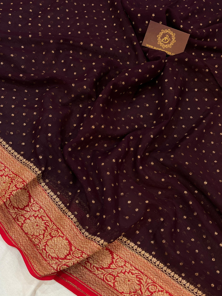 Brown Pure Banarasi Khaddi Georgette Saree - Aura Benaras