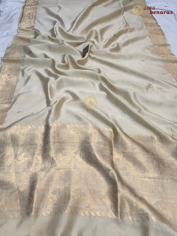 Off White Pure Katan Silk Banarasi Saree with Kadhwa Peacock & Bird Motifs