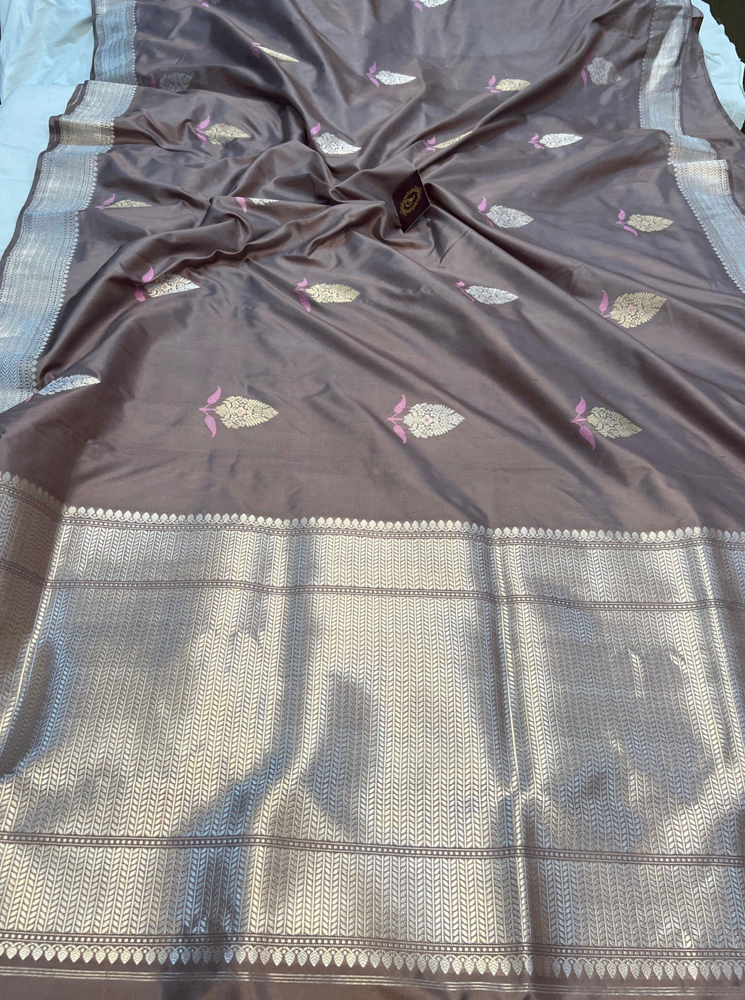 Taupe color Banarasi Handloom Katan Silk Saree - Aura Benaras