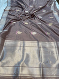 Taupe color Banarasi Handloom Katan Silk Saree - Aura Benaras