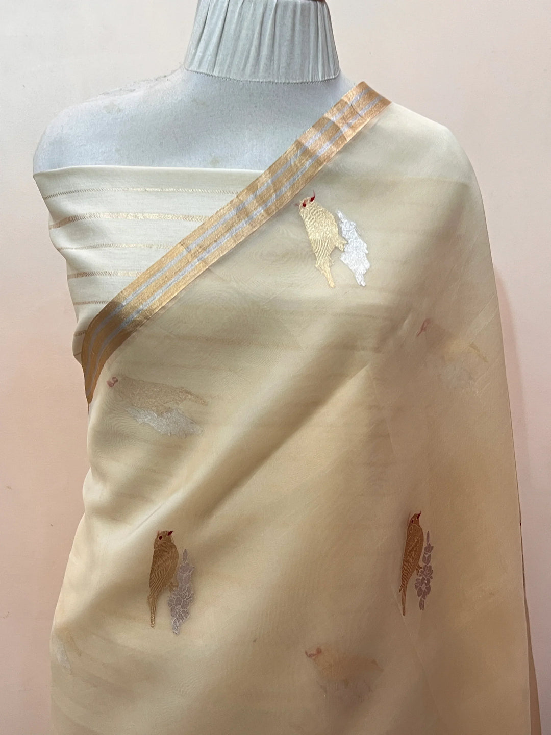 Cream Pure Kora Silk Handloom Banarasi Saree