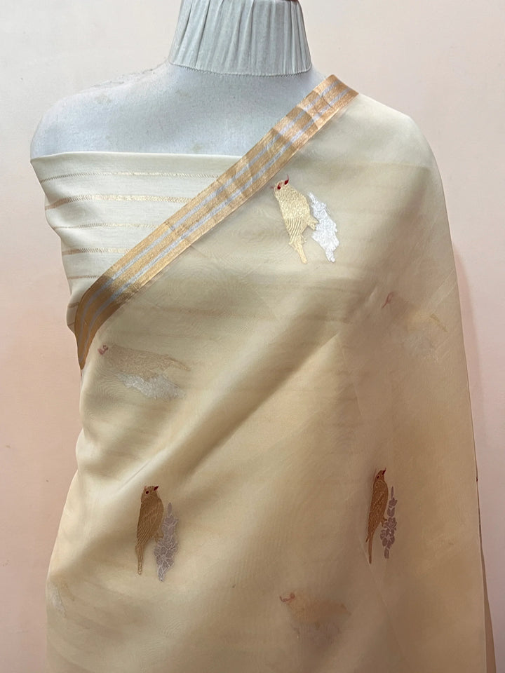 Cream Pure Kora Silk Handloom Banarasi Saree