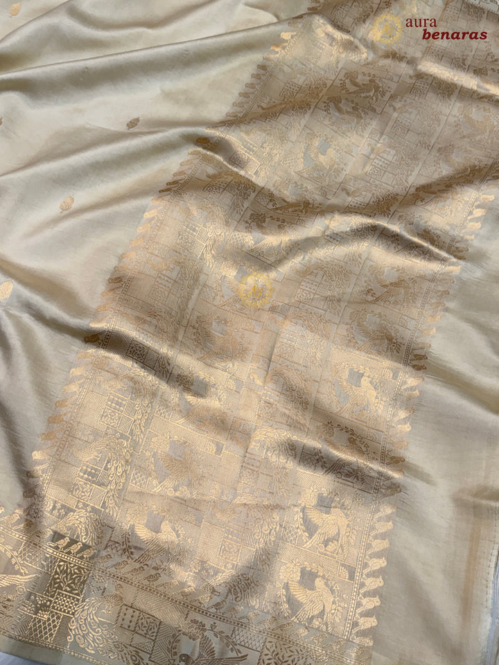 Off White Pure Katan Silk Banarasi Saree with Kadhwa Peacock & Bird Motifs