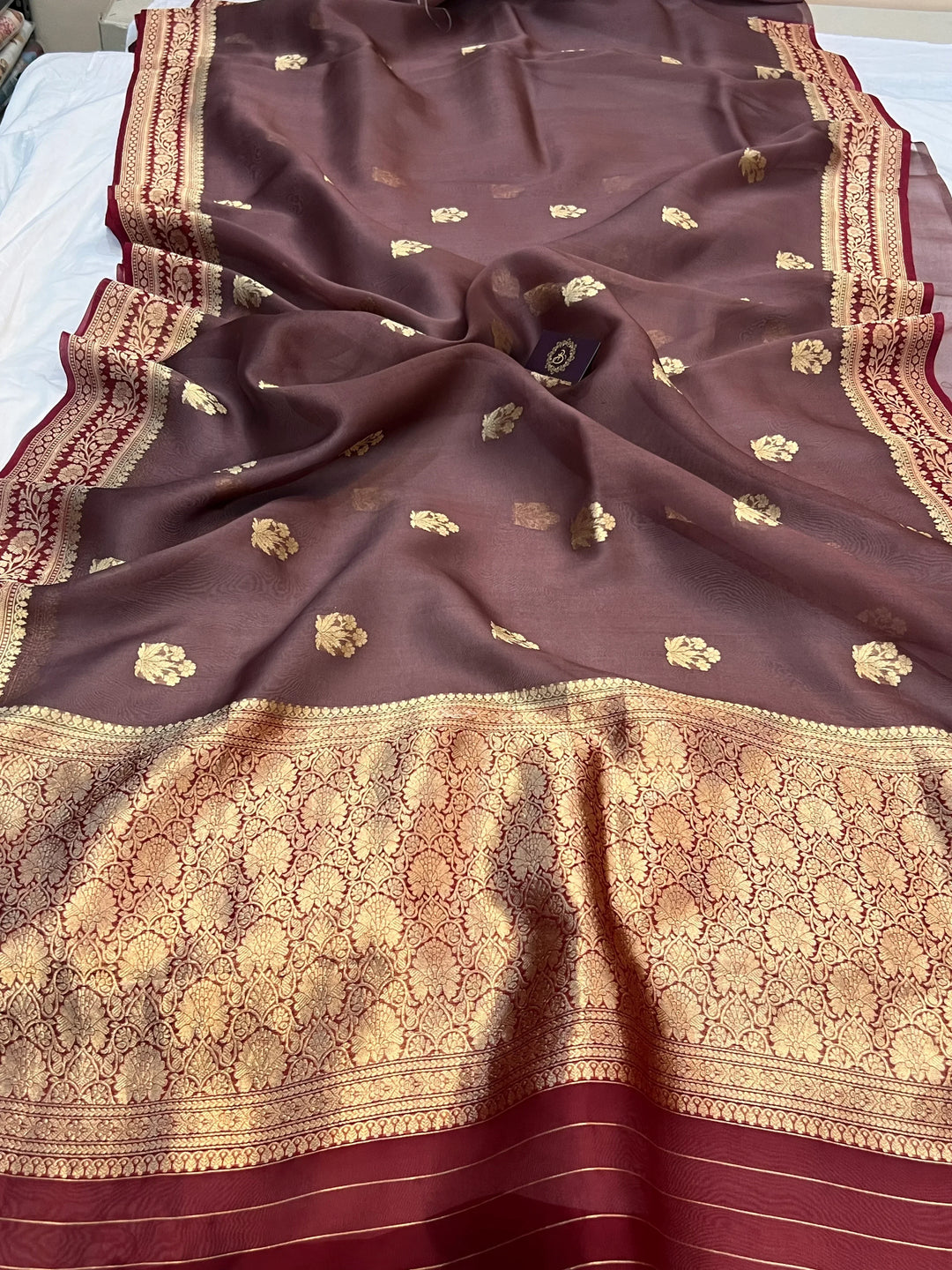 Brown Banarasi Handloom Kora Silk Saree