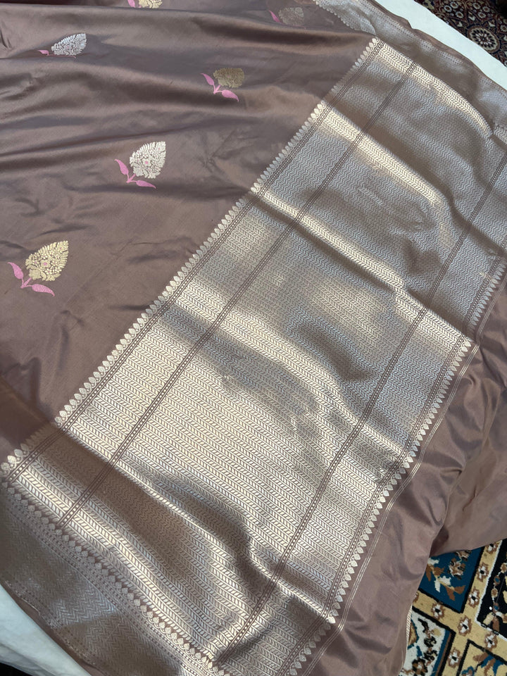 Taupe color Banarasi Handloom Katan Silk Saree - Aura Benaras