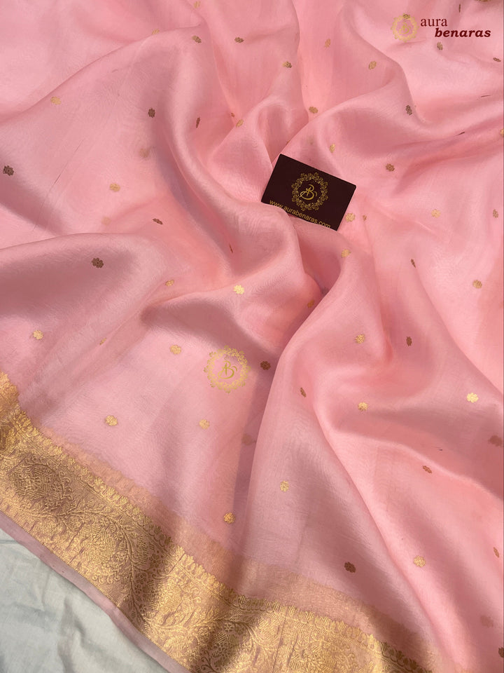 Baby Pink Pure Kora Silk Banarasi Saree with Konia