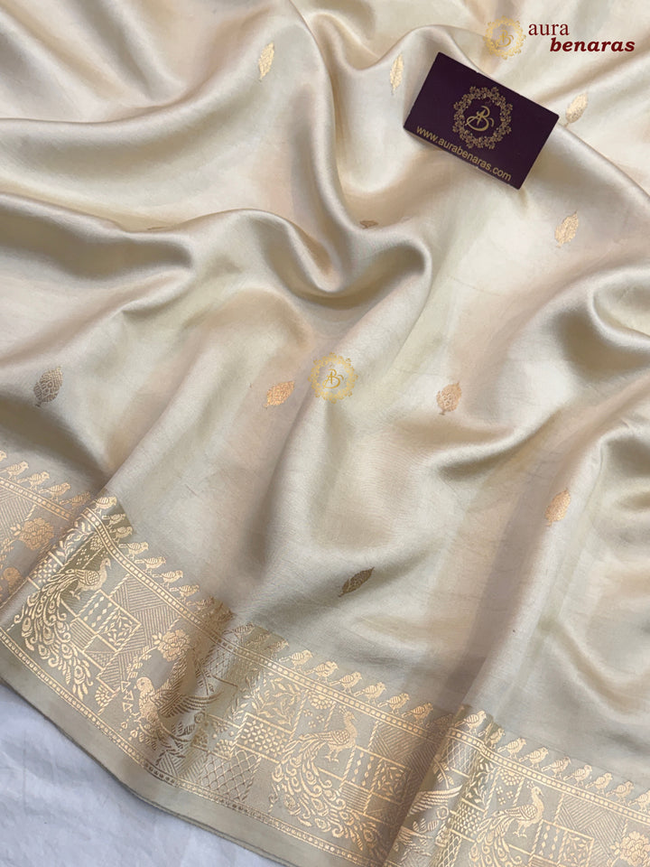 Off White Pure Katan Silk Banarasi Saree with Kadhwa Peacock & Bird Motifs