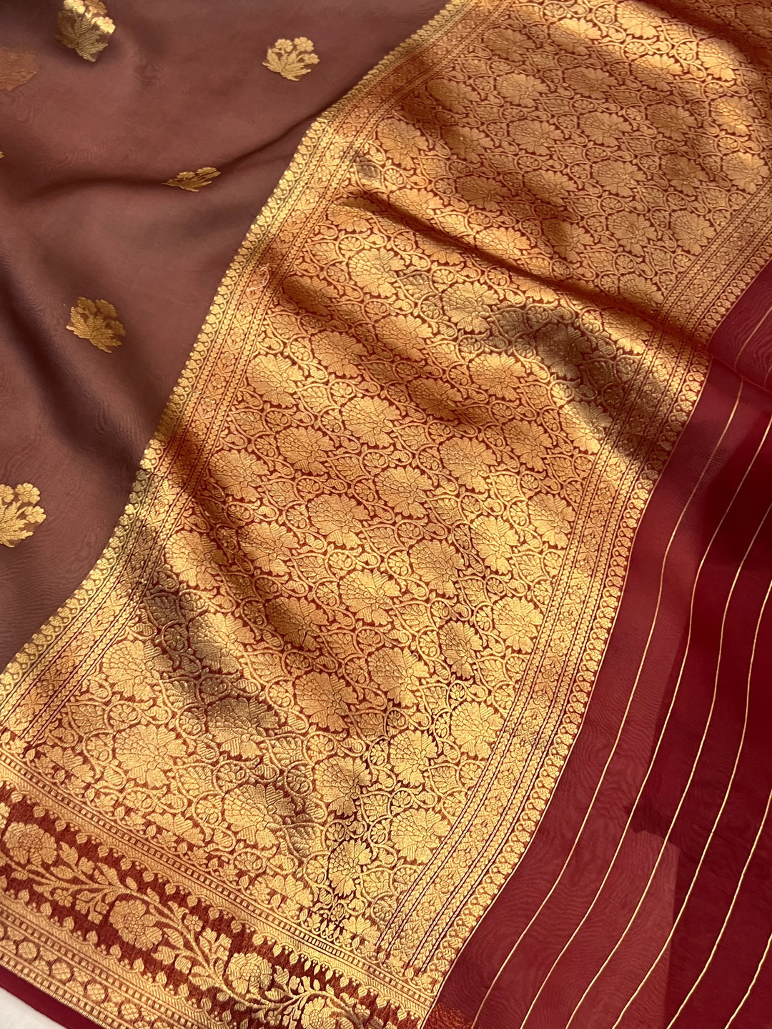 Brown Banarasi Handloom Kora Silk Saree
