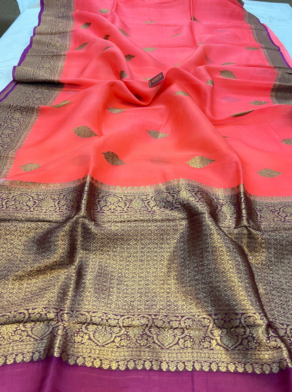 Peach Banarasi Handloom Kora Silk Saree - Aura Benaras