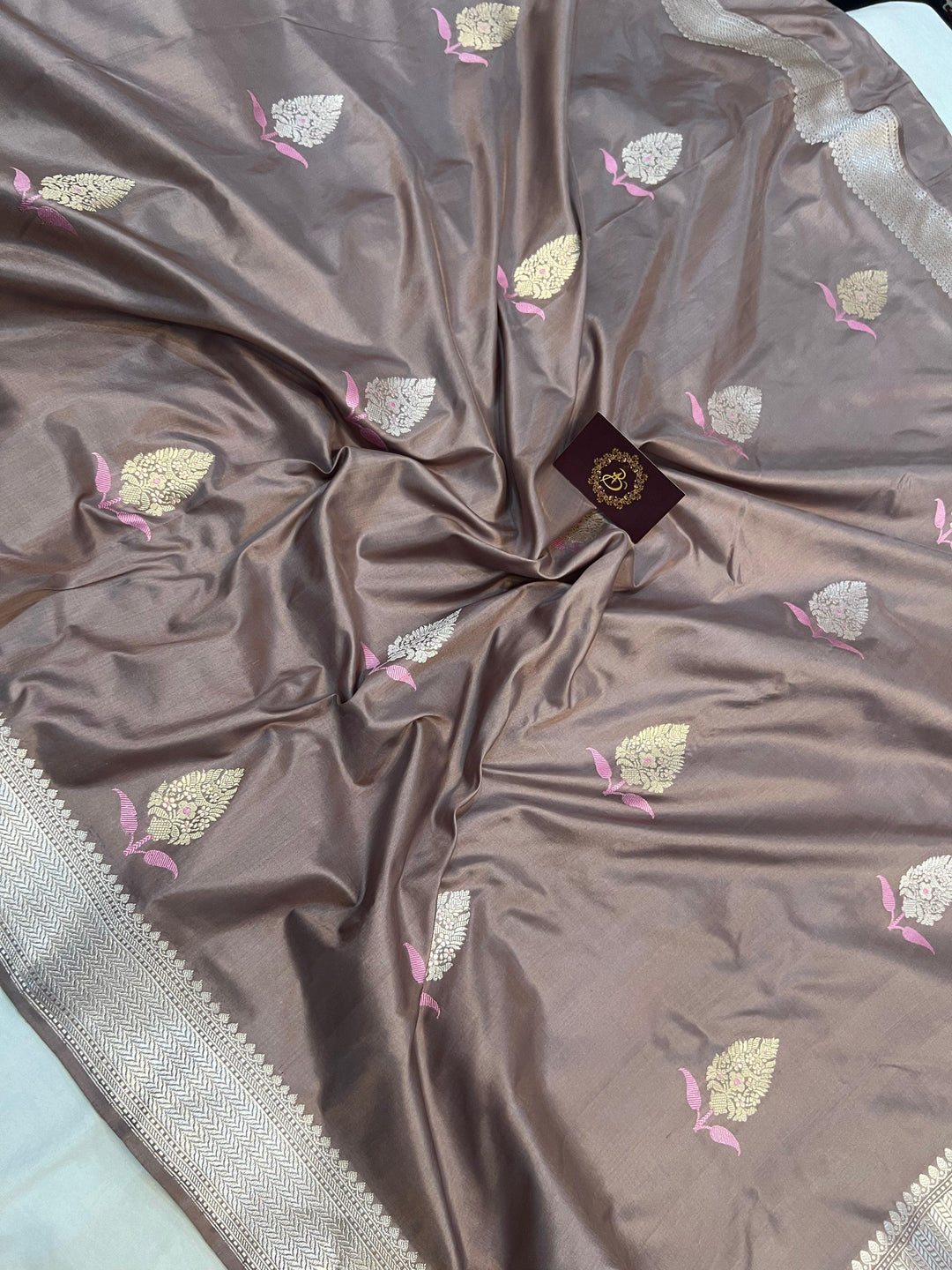 Taupe color Banarasi Handloom Katan Silk Saree - Aura Benaras