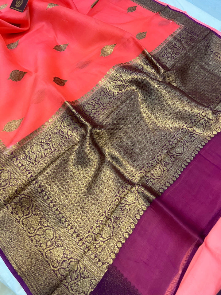 Peach Banarasi Handloom Kora Silk Saree - Aura Benaras