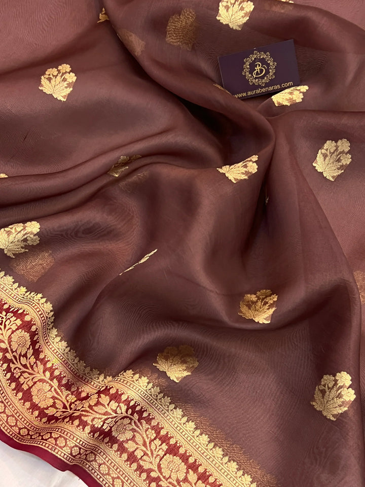 Brown Banarasi Handloom Kora Silk Saree