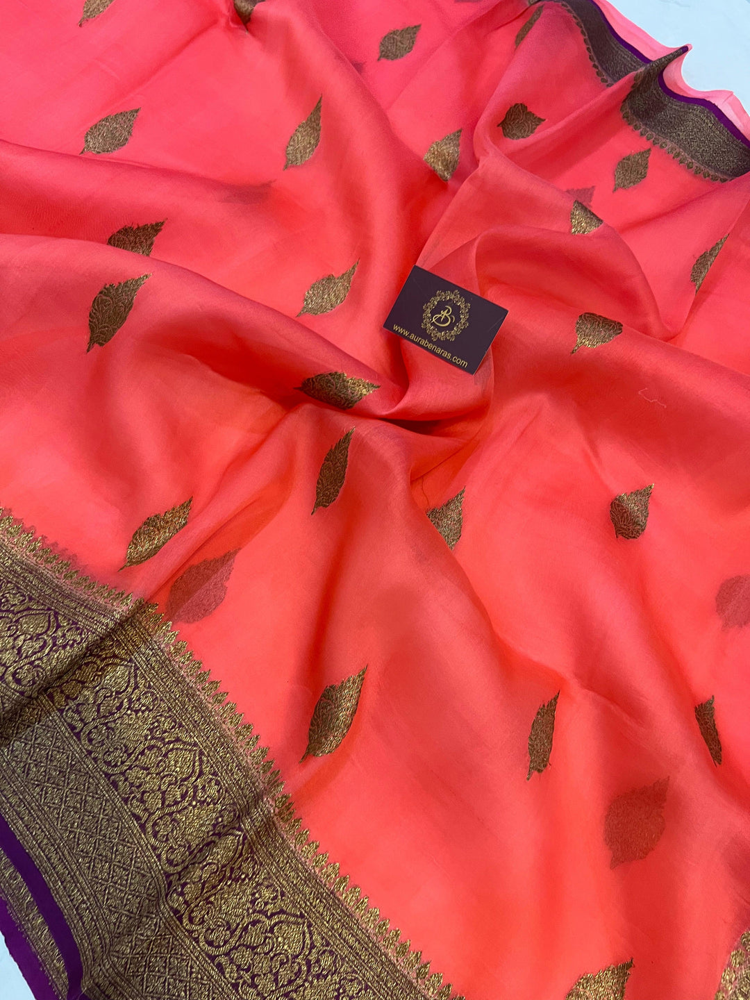 Peach Banarasi Handloom Kora Silk Saree - Aura Benaras
