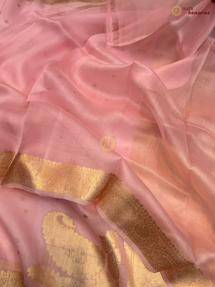 Baby Pink Pure Kora Silk Banarasi Saree with Konia