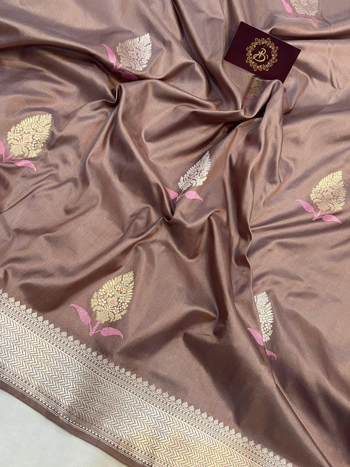 Taupe color Banarasi Handloom Katan Silk Saree - Aura Benaras