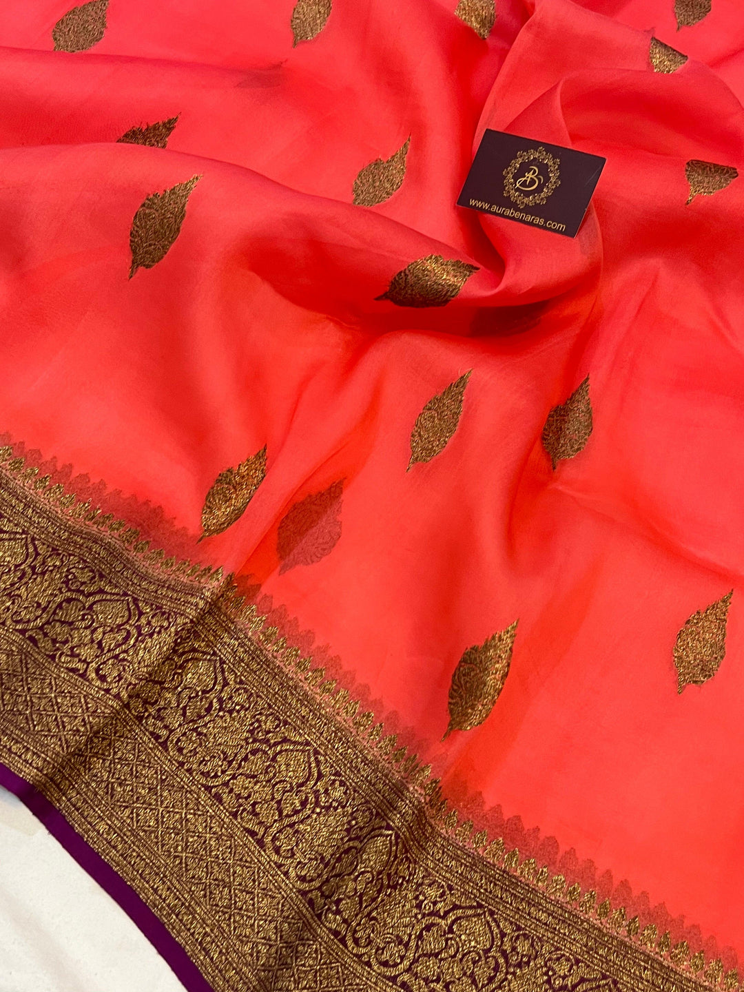 Peach Banarasi Handloom Kora Silk Saree - Aura Benaras