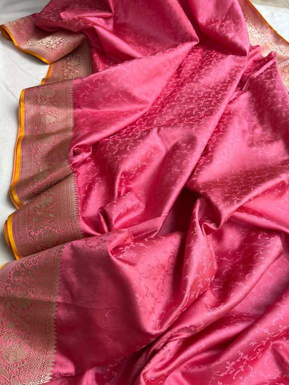 Onion Pink Pure Banarasi Handloom Katan Satin Silk Saree - Aura Benaras