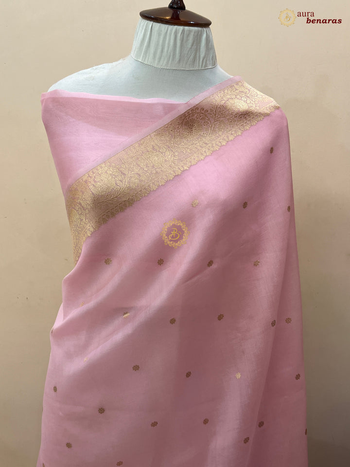 Baby Pink Pure Kora Silk Banarasi Saree with Konia