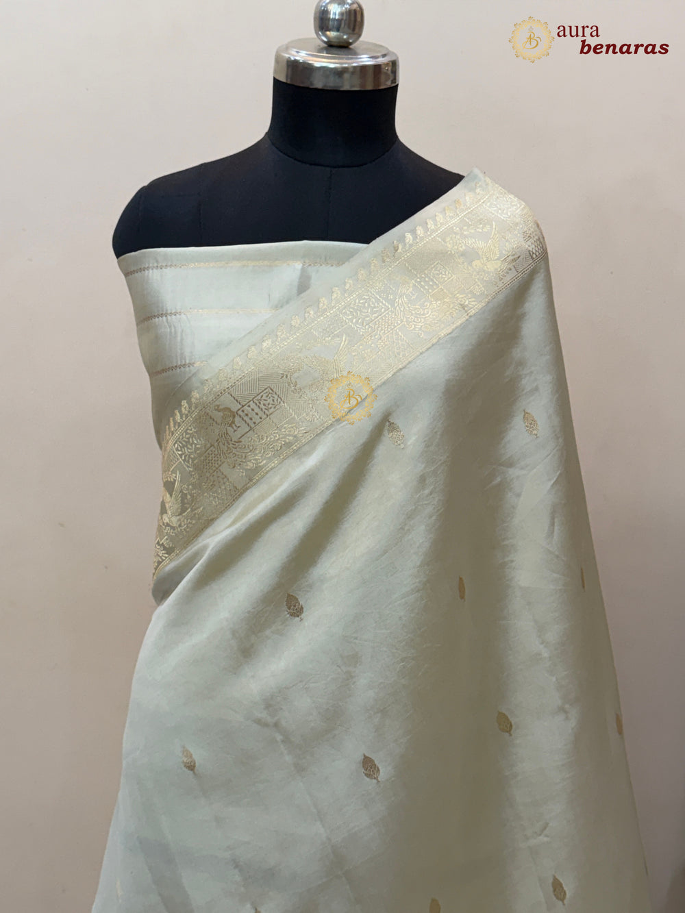 Off White Pure Katan Silk Banarasi Saree with Kadhwa Peacock & Bird Motifs