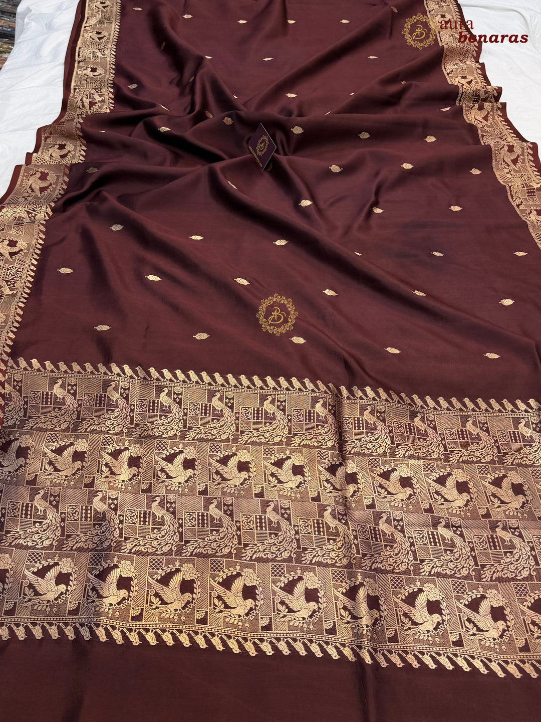 Brown Pure Katan Silk Banarasi Saree with Kadhwa Peacock & Bird Motifs