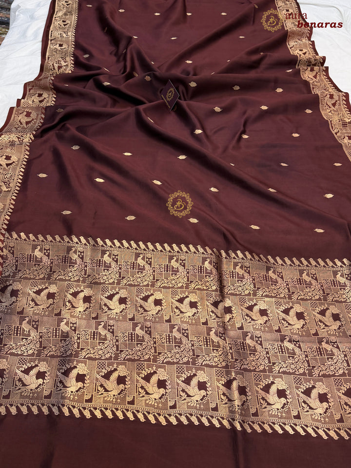 Brown Pure Katan Silk Banarasi Saree with Kadhwa Peacock & Bird Motifs