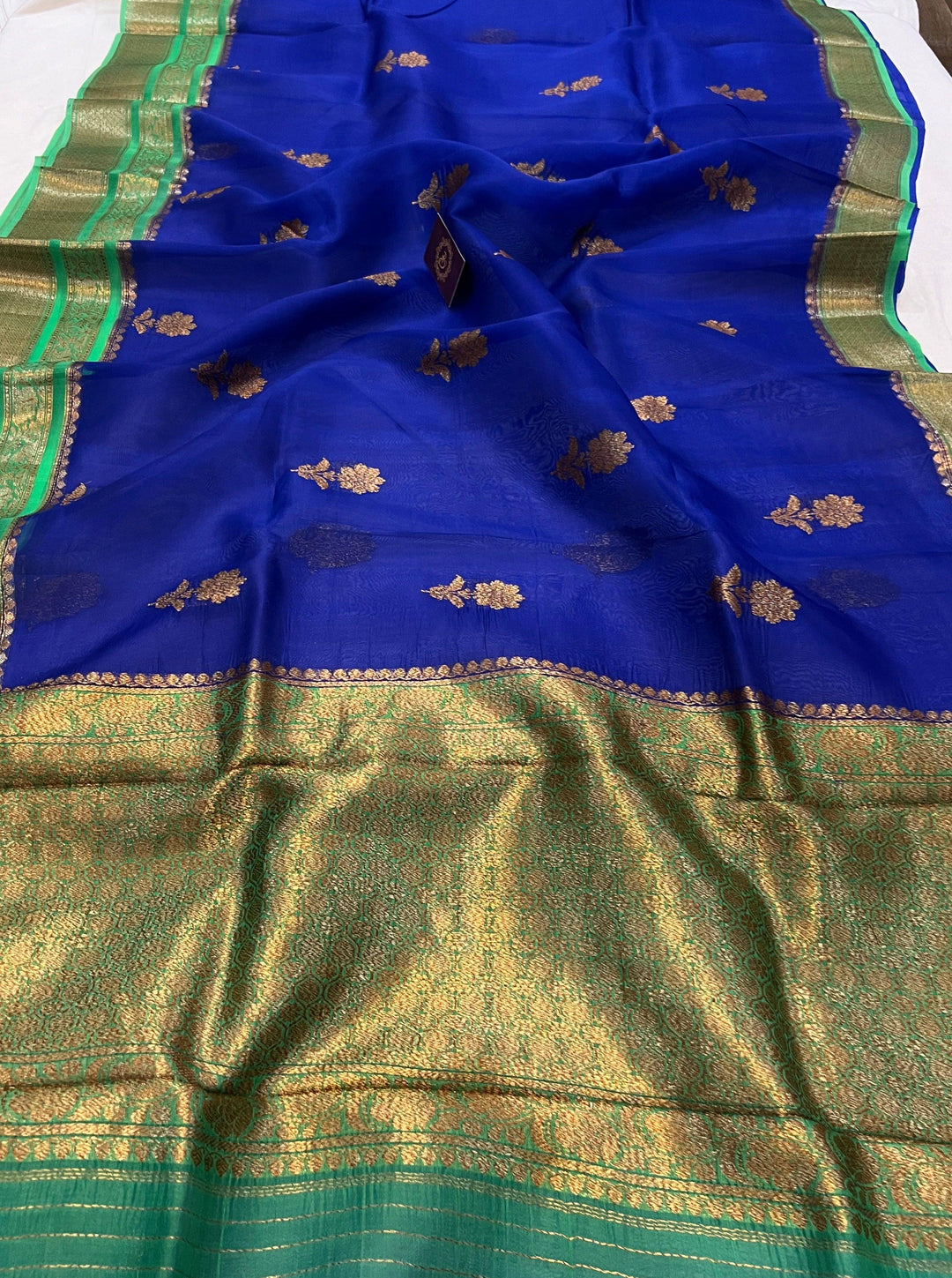 Royal Blue Banarasi Handloom Kora Silk Saree - Aura Benaras