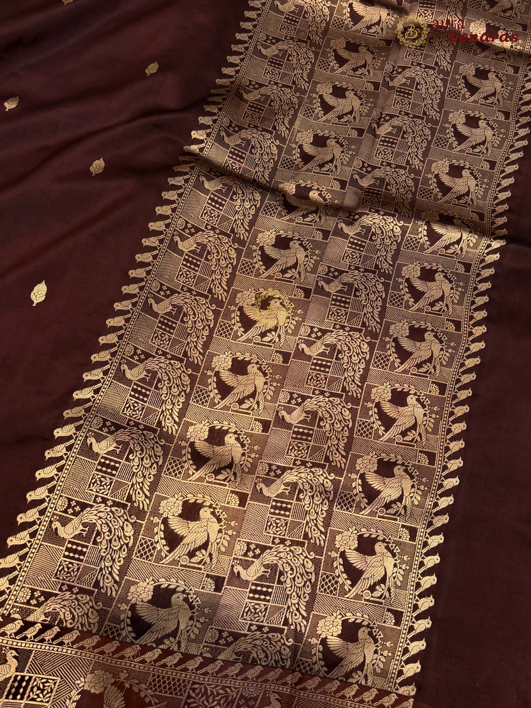 Brown Pure Katan Silk Banarasi Saree with Kadhwa Peacock & Bird Motifs