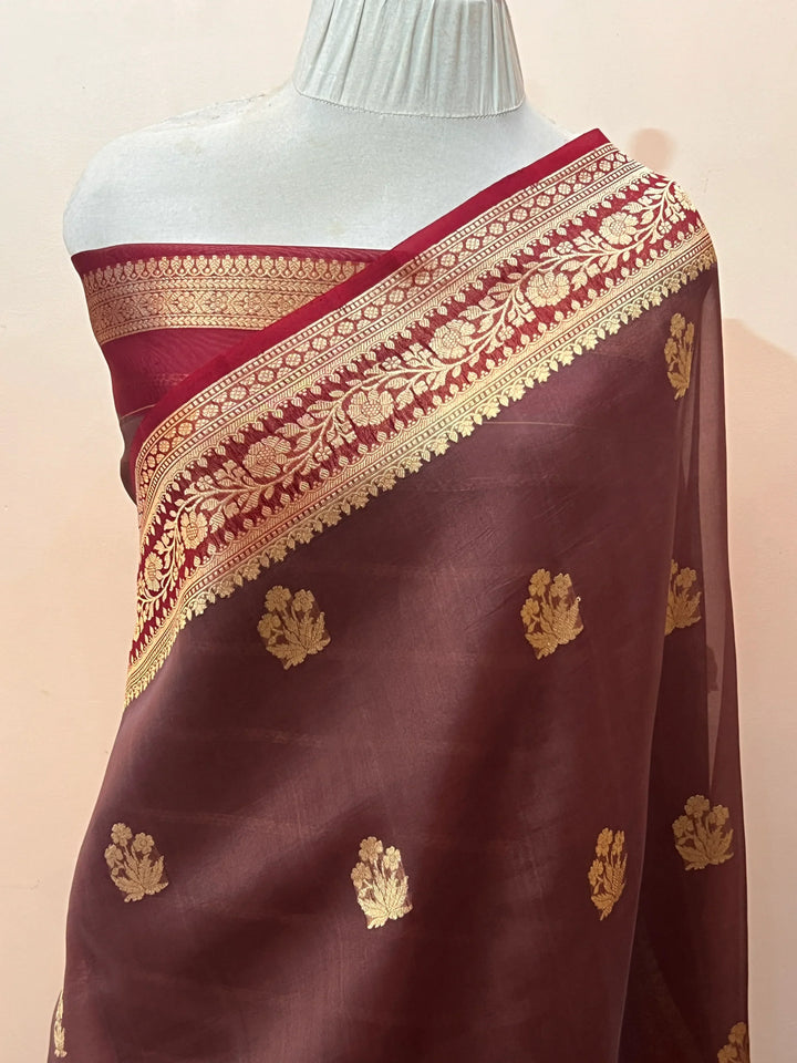 Brown Banarasi Handloom Kora Silk Saree