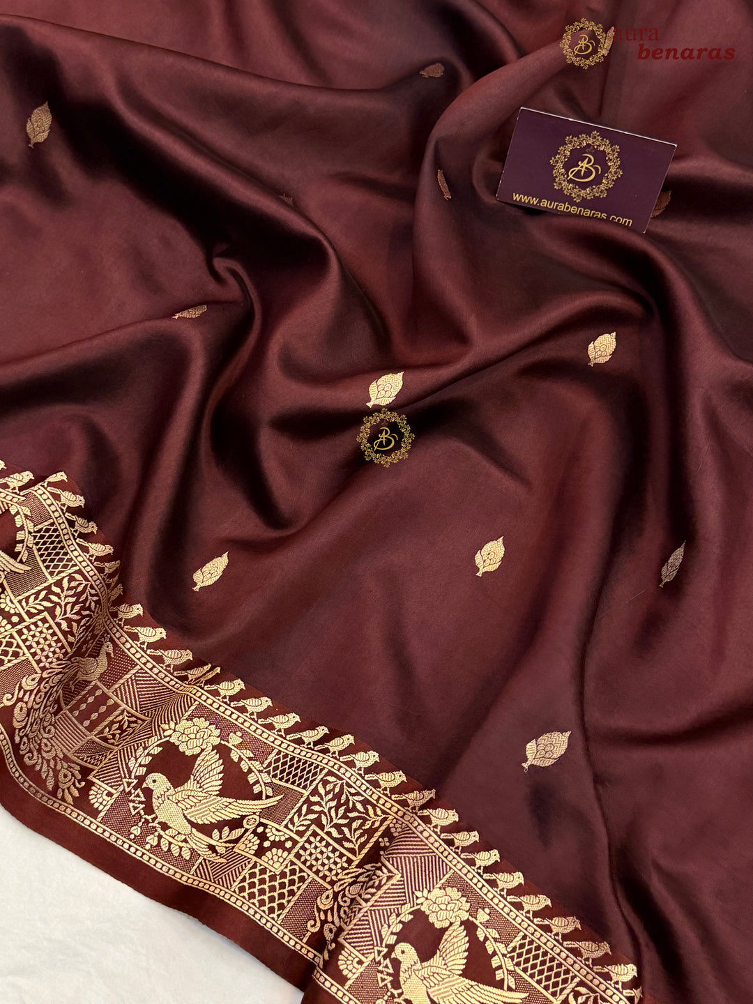 Brown Pure Katan Silk Banarasi Saree with Kadhwa Peacock & Bird Motifs