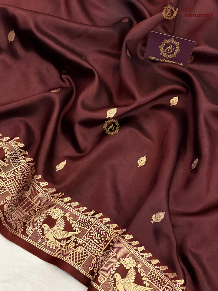 Brown Pure Katan Silk Banarasi Saree with Kadhwa Peacock & Bird Motifs