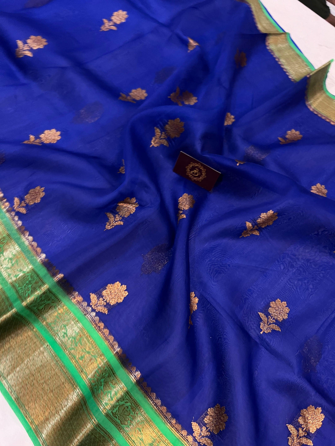 Royal Blue Banarasi Handloom Kora Silk Saree - Aura Benaras