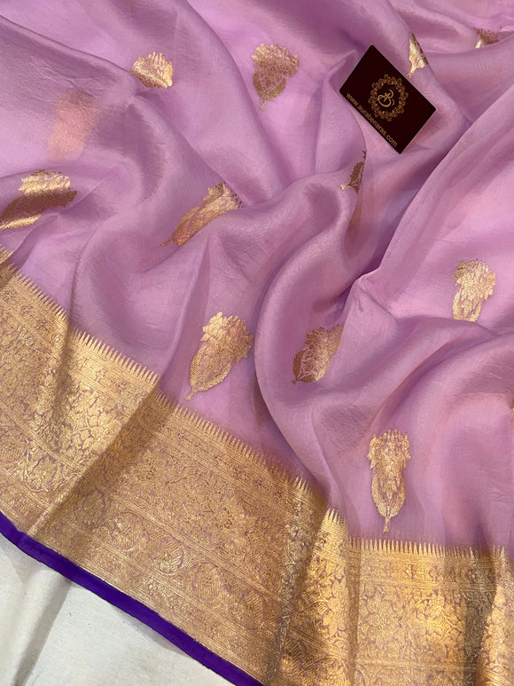 Pastel Lavender Banarasi Handloom Kora Silk Saree - Aura Benaras