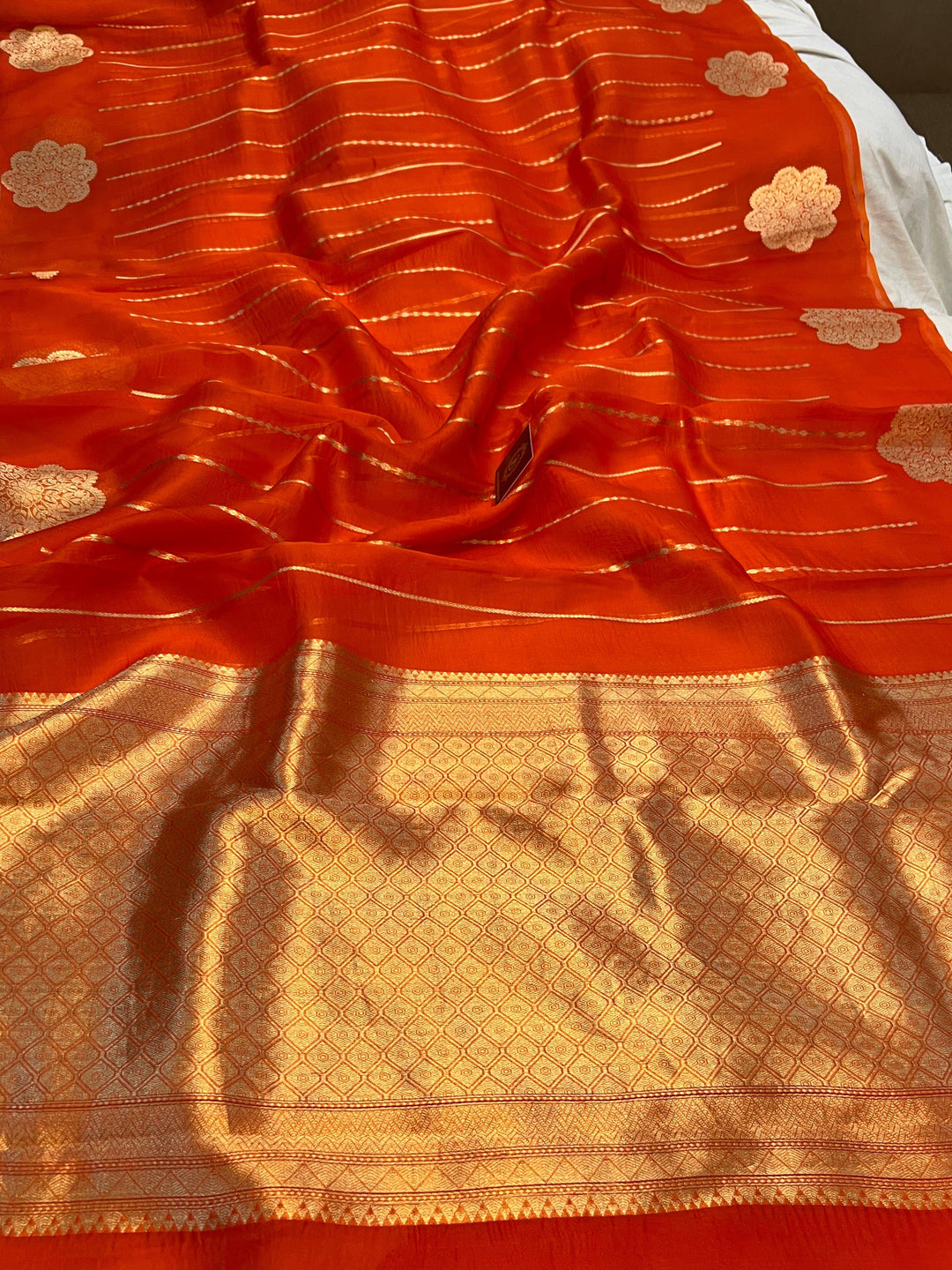 Orange Banarasi Handloom Kora Silk Saree - Aura Benaras