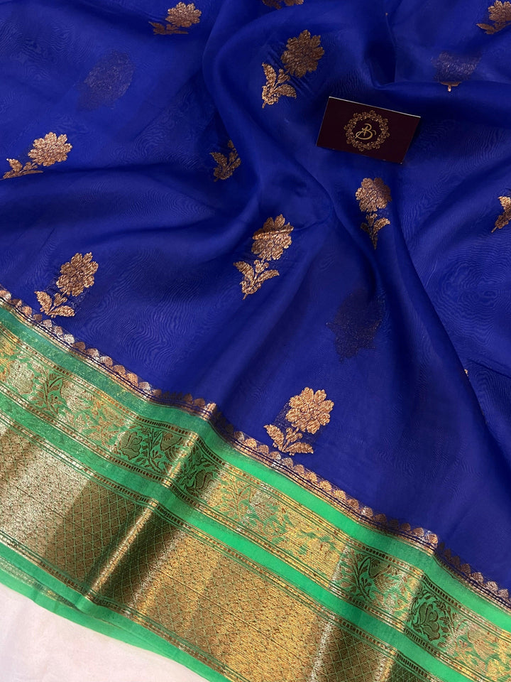 Royal Blue Banarasi Handloom Kora Silk Saree - Aura Benaras