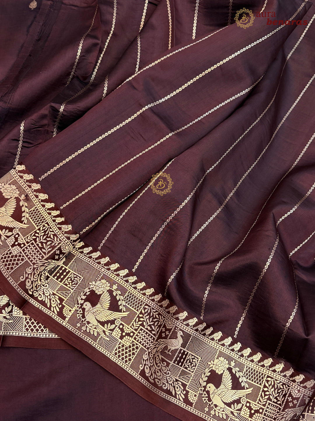 Brown Pure Katan Silk Banarasi Saree with Kadhwa Peacock & Bird Motifs