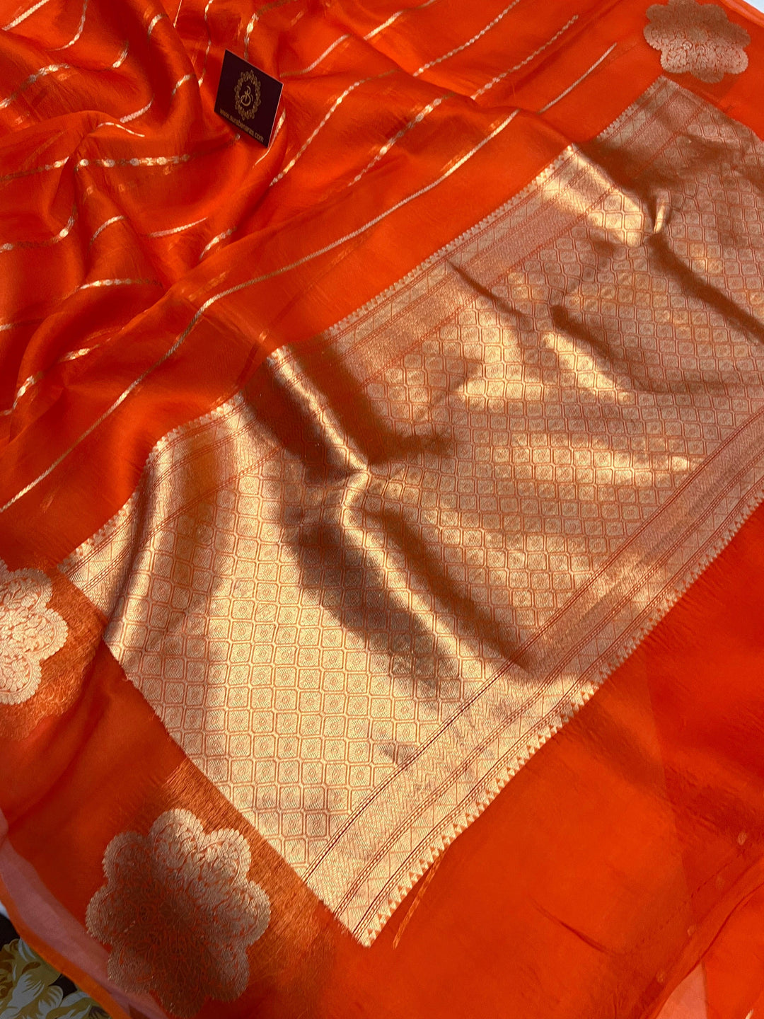 Orange Banarasi Handloom Kora Silk Saree - Aura Benaras