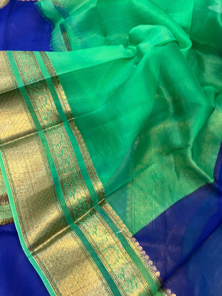 Royal Blue Banarasi Handloom Kora Silk Saree - Aura Benaras