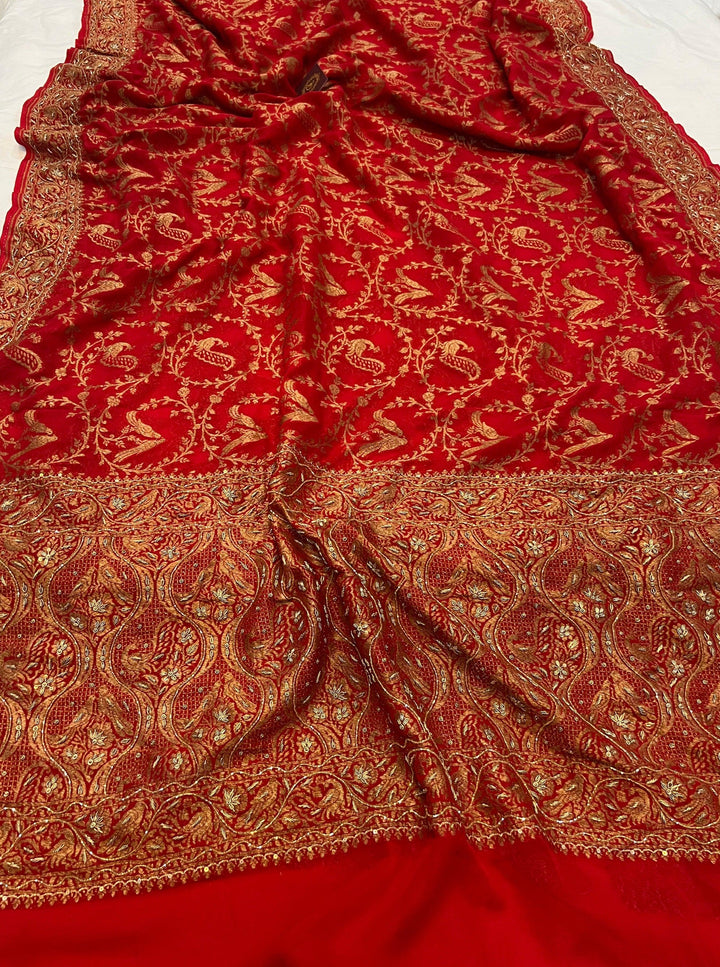 Red Zardozi Handloom Pure Georgette Silk Saree - Aura Benaras
